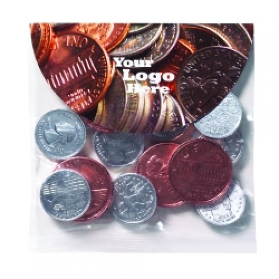 Custom Logo Chocolate Pennies & Quarters in Large Round Top Header Bag