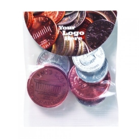Custom Logo Chocolate Pennies & Quarters in Small Round Top Header Bag