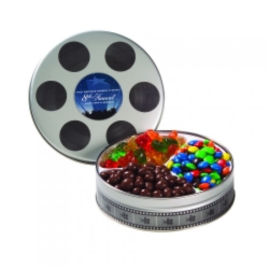 Custom Logo Small Film Reel Tin (, M&M's®, Gummy Bears, and Choc. Raisins)