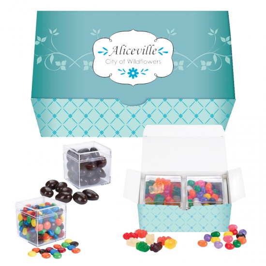 Custom Logo Cube Shaped Candy Set With Jelly Beans, Gummy Bears And Gummy Raspberries