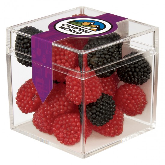 Custom Logo Cube Shaped Acrylic Container With Gummy Raspberries