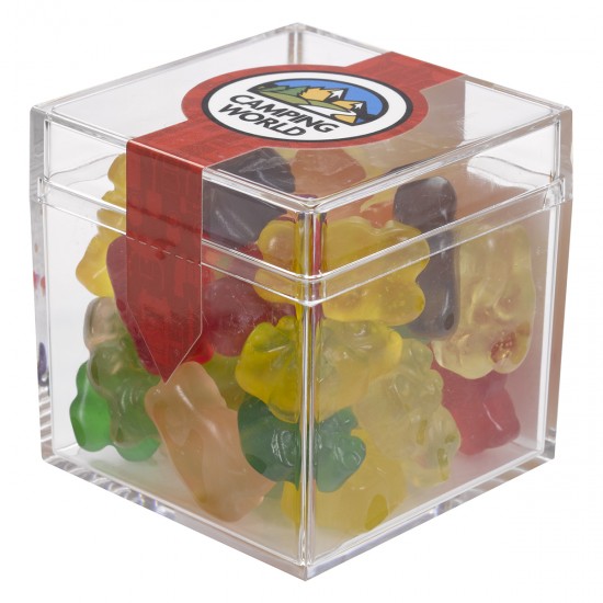 Custom Logo Cube Shaped Acrylic Container With Gummy Bears