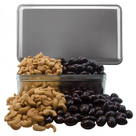 Custom Logo Rectangle Tin With Cashews, Chocolate Covered Almonds