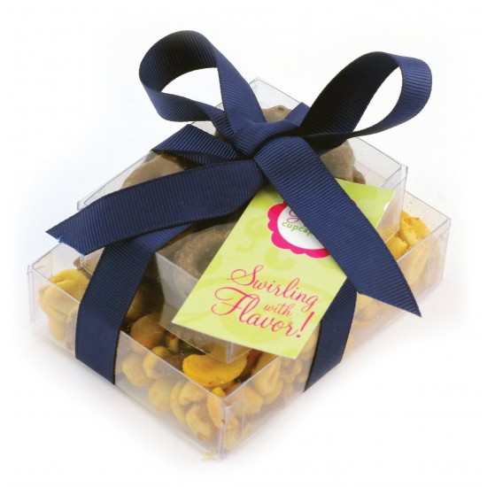 Custom Logo Double Stack Present Container with Mixed Nuts, Pretzels, or Chocolates