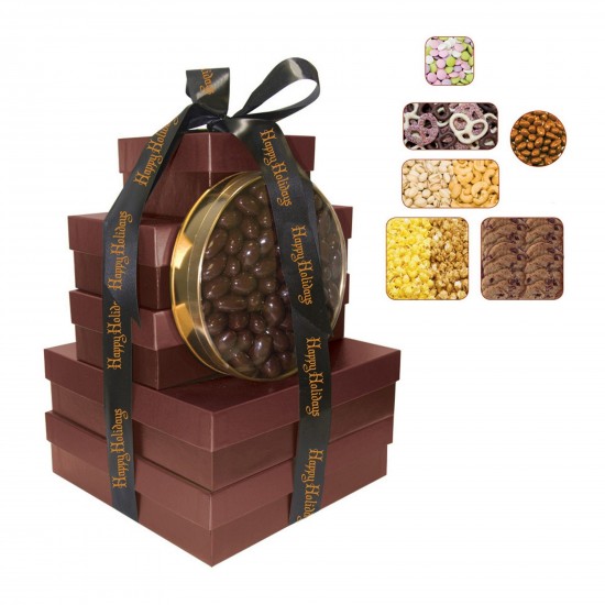 Custom Logo Imperial Gift Tower With A Variety Of Cookies, Popcorn, Nuts, Chocolates, Mint Lentils