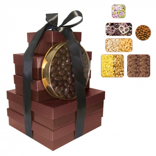Custom Logo Imperial Gift Tower With A Variety Of Cookies, Popcorn, Nuts, Chocolates, Mint Lentils