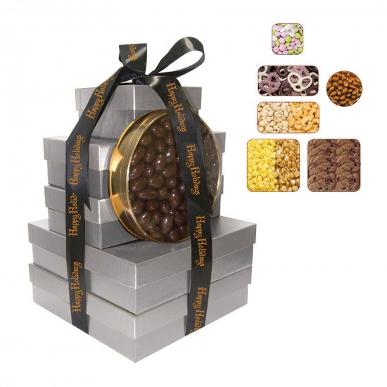 Custom Logo Imperial Gift Tower With A Variety Of Cookies, Popcorn, Nuts, Chocolates, Mint Lentils