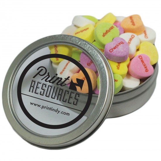 Custom Logo Silver Short Round Tin with Conversation Hearts