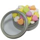 Custom Logo Silver Short Round Tin with Conversation Hearts