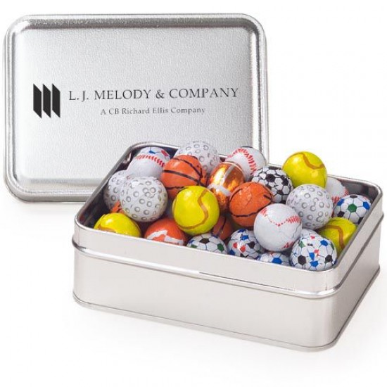 Custom Logo Small Rectangle Tin - Chocolate Sport Balls