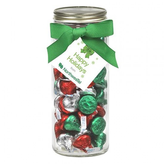 Custom Logo 16 Oz. Contemporary Glass Mason Jar w/ Grosgrain Bow (Hershey Holiday Kisses)