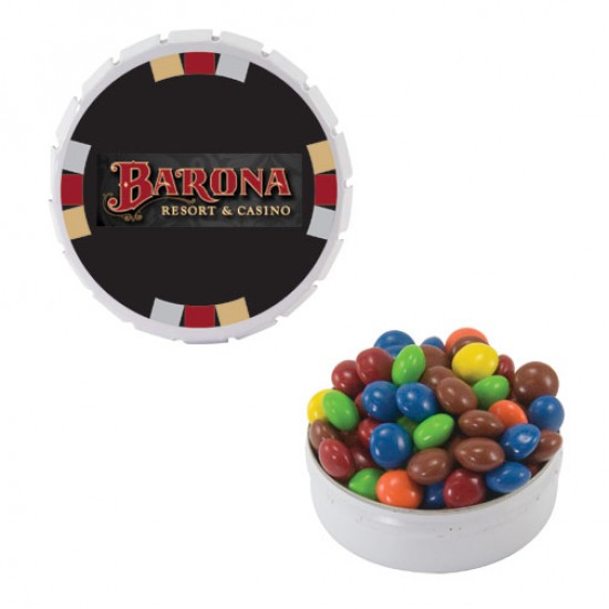Custom Logo Large Silver Snap Top Round Tin With Chocolate Littles, Colored Candy, Sugar-Free Peppermints