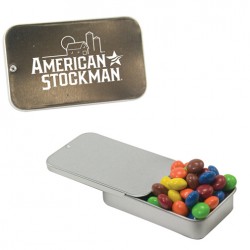 Custom Logo White Slider Tin With Colored Candy, Sugar-Free Peppermints, Chocolate Littles, Hearts, Stars Custom Logo White Slider Tin With Colored Candy, Sugar-Free Peppermints, Chocolate Littles, Hearts, Stars