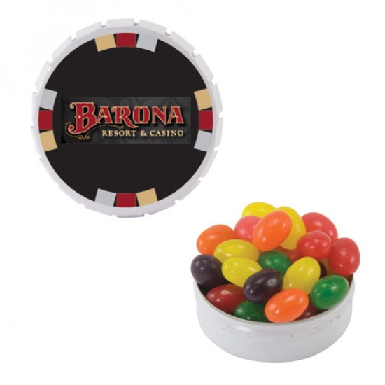 Custom Logo Large Silver Snap Top Round Tin With Jelly Beans, Chiclets