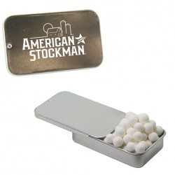 Custom Logo White Slider Tin With Signature Peppermints, Red Hots Custom Logo White Slider Tin With Signature Peppermints, Red Hots