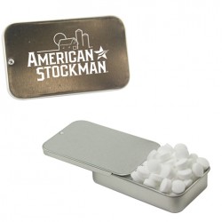 Custom Logo White Slider Tin With Colored Candy, Sugar-Free Peppermints, Chocolate Littles, Hearts, Stars Custom Logo White Slider Tin With Colored Candy, Sugar-Free Peppermints, Chocolate Littles, Hearts, Stars