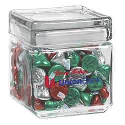 Custom Logo Square Glass Jar - Hershey's Holiday Kisses (32 Oz.)