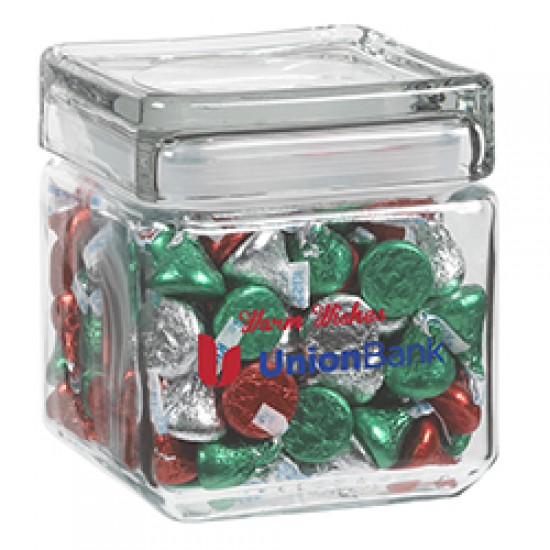 Custom Logo Square Glass Jar - Hershey's Holiday Kisses (32 Oz.)