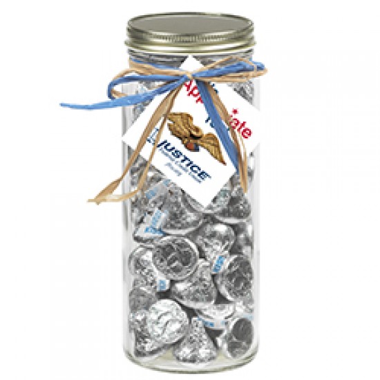 Custom Logo  16 Oz. Contemporary Glass Mason Jar w/ Raffia Bow (Hershey Kisses)