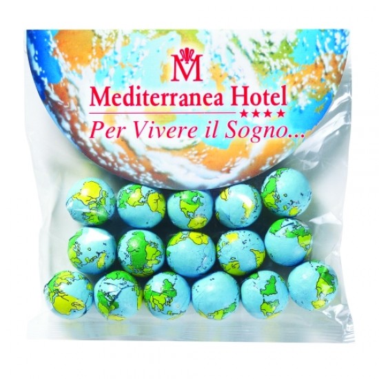Custom Logo Chocolate Earth Balls in Large Round Top Header Bag Custom Logo Chocolate Earth Balls in Large Round Top Header Bag
