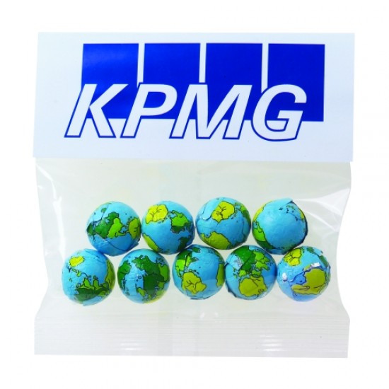 Custom Logo Chocolate Earth Balls in Header Bag (2 Oz.)