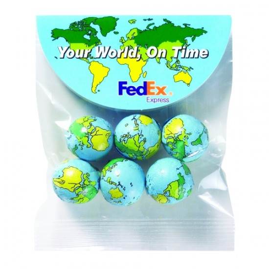 Custom Logo Chocolate Earth Balls in Small Round Top Header Bag Custom Logo Chocolate Earth Balls in Small Round Top Header Bag