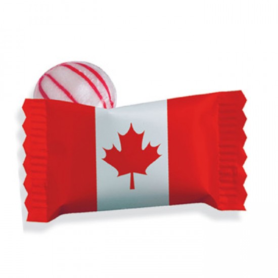 Custom Logo Red Striped Peppermint Candy w/ Stock Canadian Flag Wrapper